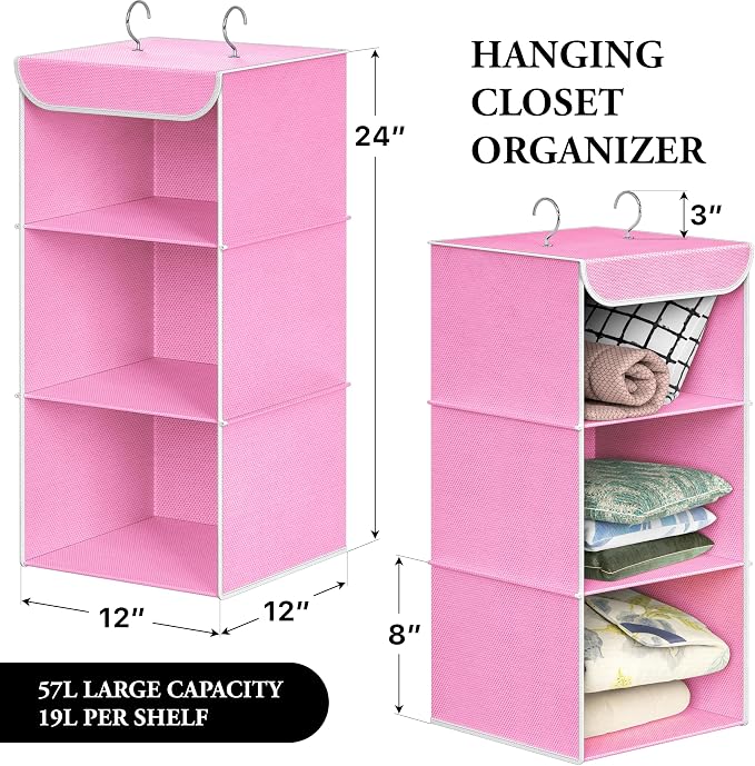Simple Houseware 3 Shelf Hanging Closet Organizer, Pink | 360° Rotating Dual Hooks, Top Support Metal Frame