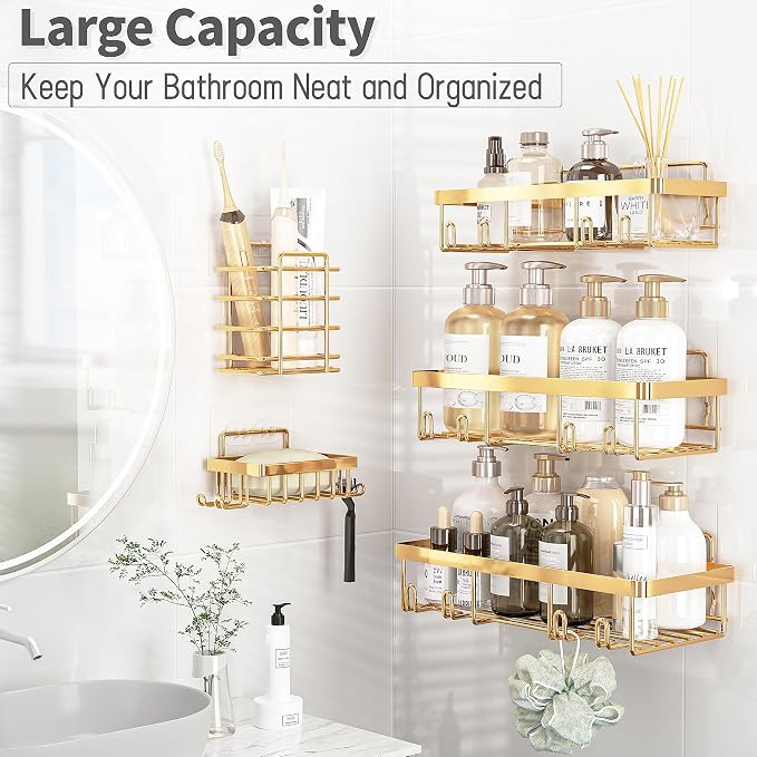 Liuoud 10 Pack Shower Caddy Organizer Rack Shelf for Inside Shower, Self Adhesive Wall Storage Basket Rustproof Stainless Steel Shampoo Holder Bathroom Accessory Decor Set, Bright Gold