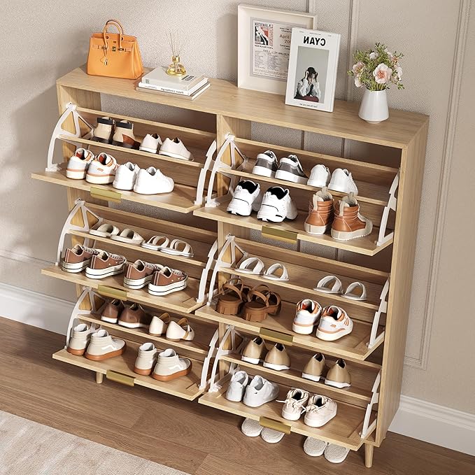 BORNOON Shoe Cabinet for Entryway with 6 Flip Drawers, Slim Wooden Shoe Storage Organizer with Modern Fluted Pannel，Freestanding Narrow Hidden Shoe Rack for Hallway, Foyer, Living Room