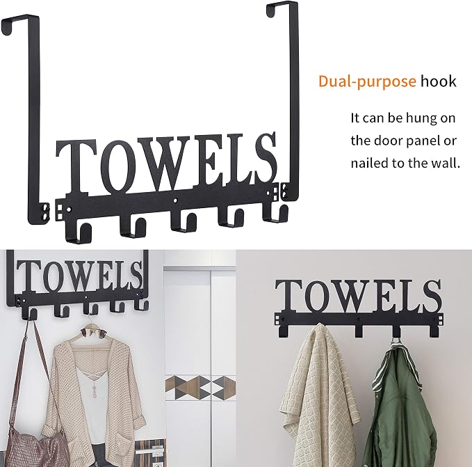 Kuhome Over The Door Hooks, Towel Holder for Bathroom, Door Mount Towel Rack Towel Hooks for Bedroom Beach Towels Bathrobe Wall Mount Hang on The Door Cabinet Cupboard Metal Sandblasted (Black)
