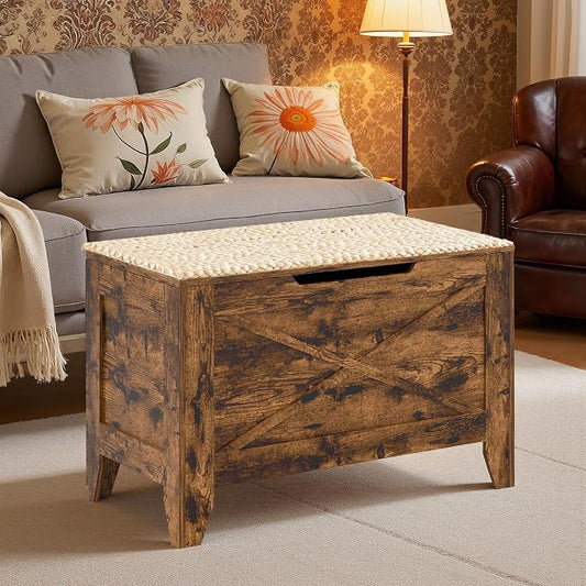 VECELO 30" Storage Chest with Lift Top Storage, Farmhouse Style Ottoman with Handwoven Wicker Cushion, Safety Hinges, Ideal for Entryway, Bedroom, Living Room, Walnut Brown