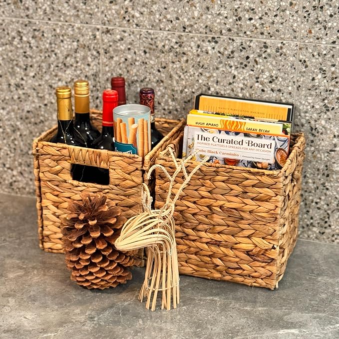 4 Decorative Hand-Woven Water Hyacinth Wicker Storage Basket, 9x9x9