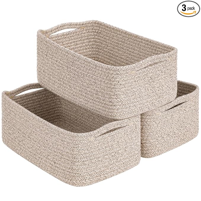 Goodpick 3Pack Rope Storage Baskets for Shelves Organizing, 13 x 8 x 5 in | Woven Baskets for Closet Fit Bedroom Lving Room, Small Baskets for Gift Empty, Dog Toy Basket for Pets, White & Light Gray