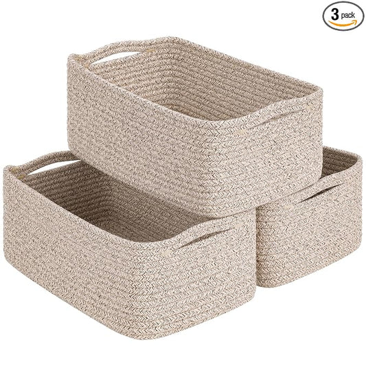 Goodpick 3Pack Rope Storage Baskets for Shelves Organizing, 13 x 8 x 5 in | Woven Baskets for Closet Fit Bedroom Lving Room, Small Baskets for Gift Empty, Dog Toy Basket for Pets, White & Light Gray
