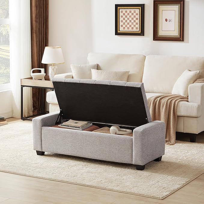 Huatean Home 48" Ottoman with Storage, Light Gray Storage Ottoman Bench | Upholstered Entryway Bench with Seating for Bedroom, Living Room, with Safety Hinge, Holds up to 330 lb