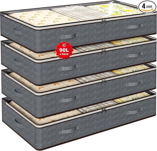 90L Under Bed Storage Containers,4-Pack Closet Organizer Storage Bins ,Grey | for Organization and Storage Clothes, Shoes, Blankets & Pillows,Visible Transparent Top Storage Bins with Lids