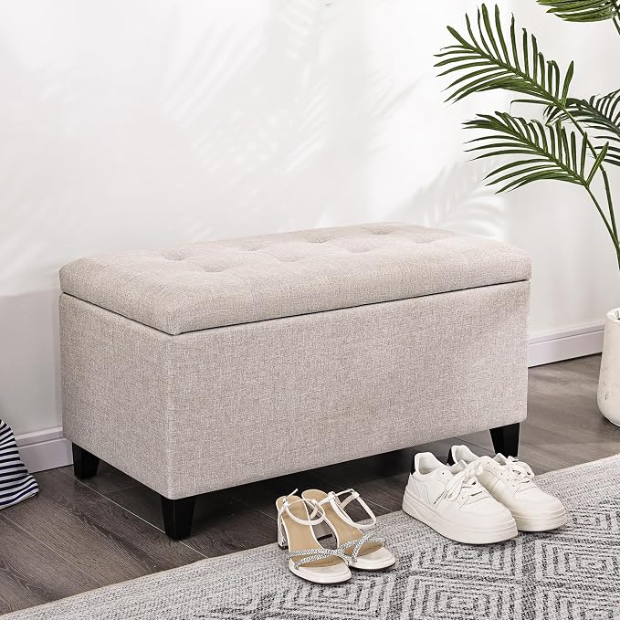 Storage Ottoman Bench, 33" Upholstered Tufted Linen Fabric Footrest Stool with Lift Top, Rectangular Storage Chest for End of Bed, Entryway, Living Room, Beige