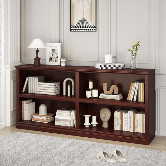 64" W Double Wide Open Shelf Bookcase, 2 Tiers 4 Storage Cube Book Case | Horizontal Bookshelf, Display Cabinet Organizer Indoor Furniture, Home Library Office, Mahogany Adjustable Shelf