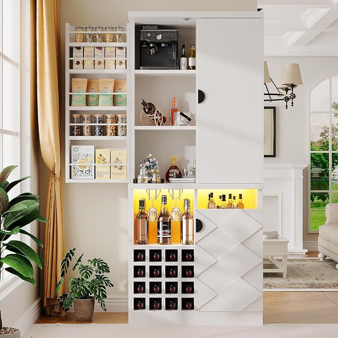 kepptory 72" Tall Kitchen Pantry Storage Cabinet, Freestanding Bar Cabinet with RGB LED Light, White Kitchen Buffet Sideboard with Doors for Dining Room Living Room