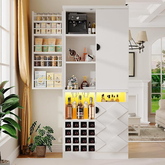 kepptory 72" Tall Kitchen Pantry Storage Cabinet, Freestanding Bar Cabinet with RGB LED Light, White Kitchen Buffet Sideboard with Doors for Dining Room Living Room