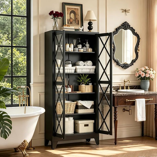 71"H Black Pantry Kitchen Cabinet with Doors,Black Storage Cabinets,Freestanding Pantry Cabinet,Farmhouse Food Storage Cabinets,Tall and Large Pantry Cabinets for Kitchen, Dining Room, Living Room