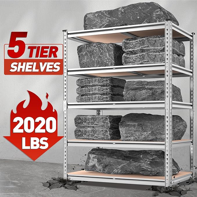 REIBII 2020LBS Garage Shelving Heavy Duty Metal Shelving 5 Tier Storage Shelves, Metal Shelves for Basement, Warehouse, Pantry, Closet, Kitchen, 72" H x 36" W x 16" D, Galvanized, 3 Pack