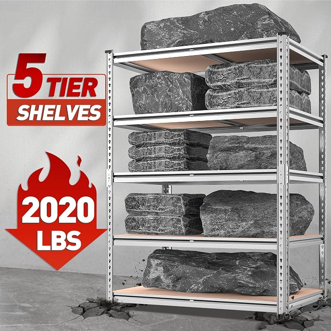 REIBII 2020LBS Garage Shelving Heavy Duty Metal Shelving 5 Tier Storage Shelves, Garage Shelves for Basement, Warehouse, Pantry, Closet, Kitchen, 72" H x 36" W x 16" D, Galvanized, 2 Pack