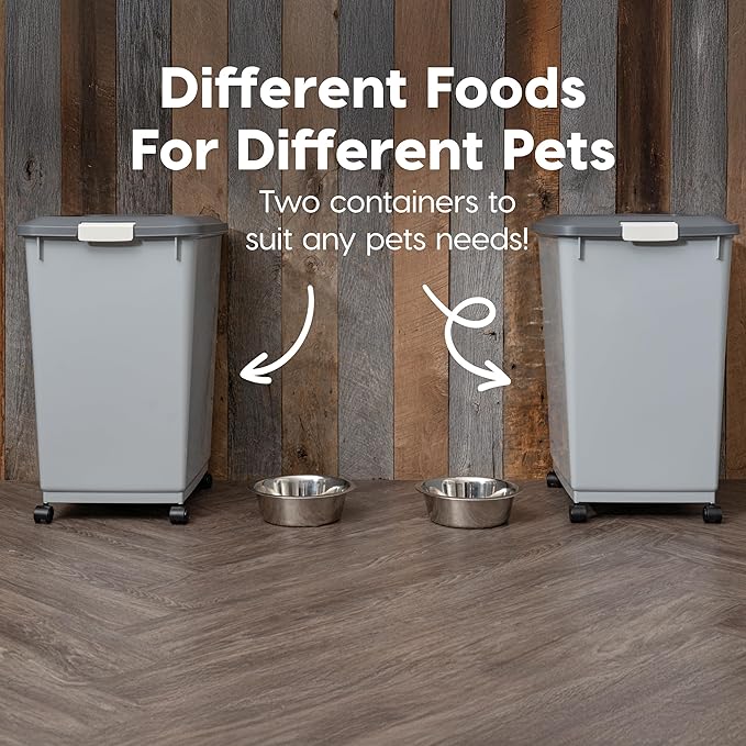IRIS USA Dog Food Storage Container 54 lbs, 2-Pack with Wheels, Airtight Lid, 2-Cup Scoop, Double Pet Food Storage, Built in Scoop Storage in Lid, Versatile Pet Food Bin, Portable, Gray/Dark Gray