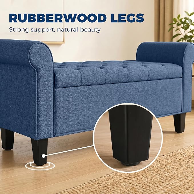 HOMCOM 47" Ottoman wih Storage End of Bed Bench with Rolled Arms Blue | Long Ottoman with Storage Chest, Safety Hinge, Wooden Legs, Upholstered End of Bed Bench, Bedroom Entryway Living Room