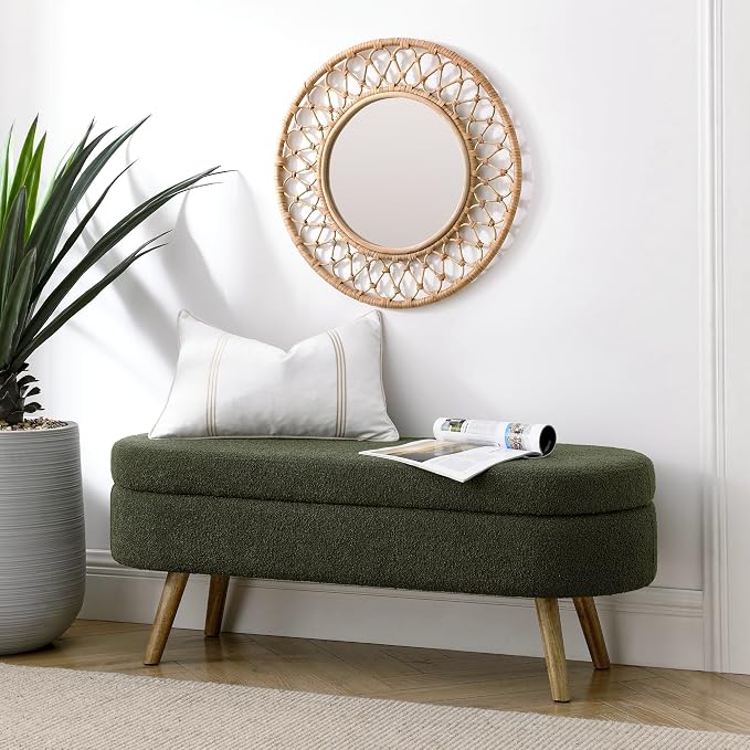 43.5" Ottoman with Storage, Storage Ottoman Bench with Safety Hinge, Foam End of Bed Bench, Upholstered Entryway Bench for Bedroom, Living Room & Window, Holds up to 330 lb, Green