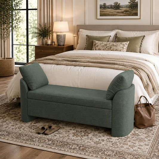 Usaint 58.3" Upholstered Storage Ottoman Bench with 2 Throw Pillows, Green | End of Bed Bench with Curved Arms and Thickened Seat Cushion for Bedroom, Livingroom, Window, Entryway and Dressing Areas