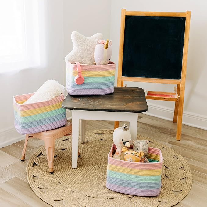 OrganiHaus Rainbow Baskets for Shelves, Set of 3, 15x9x10 | Colorful, handwoven cotton rope; a toy bin for playroom, classroom, or girls' room decor; great for nursery too