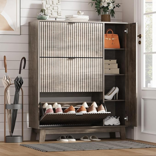 Shoe Cabinet Storage for Entryway with 3 Flip Drawers & Side Cabinet, Fluted Narrow Shoe Organizer with Wooden Leg, Freestanding Shoe Storage Hidden Shoe Rack Organizer for Front Door Entrance, Grey