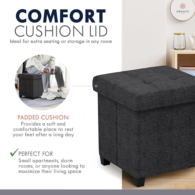 Ornavo Home Square Cube Storage Ottoman with Legs, 15x15x15, Black | Foot Rest Stool Seat; Holds Up to 600 lbs; Ideal for Living Room, Bedroom, Home Office or Dorm