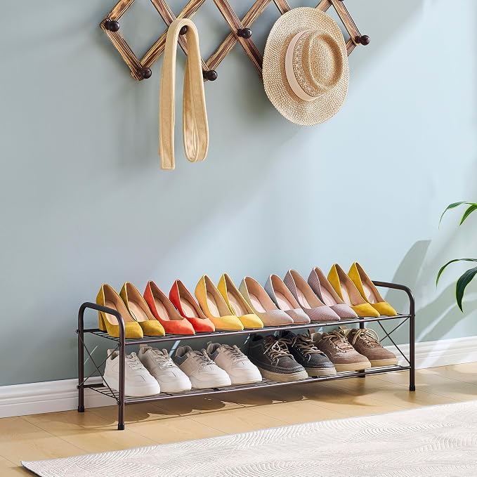 Hoctieon 2 Tier Shoe Rack for Closet, Shoe Rack FreeStanding, Entryway Shoe Shelf, Shoe Storage Organizer, Durable Mesh Style Shoe Rack, Space Save for Garage, Bedroom, Living Room, Wardrobe, Brown