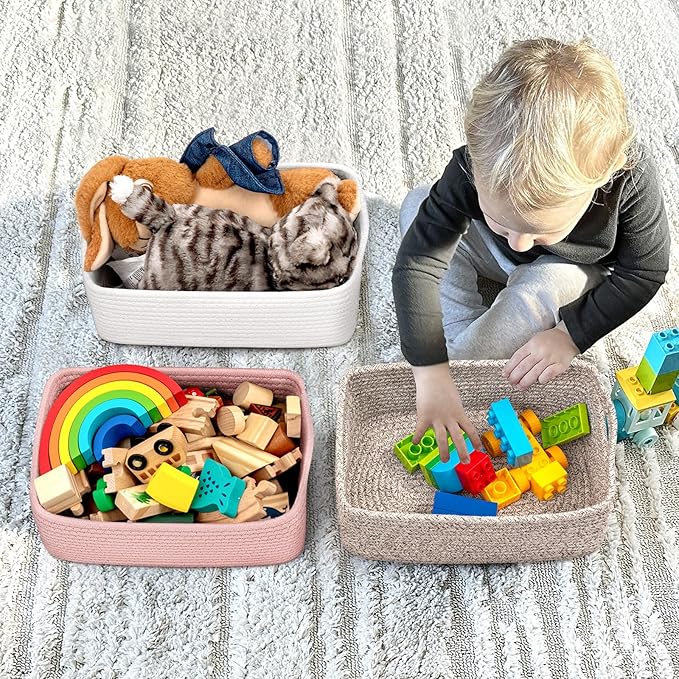 Goodpick 3-Pack Small Storage Baskets, Dorm Decor, 11 x 7 x 4.5 in | Woven Baskets for Shelves, Closet Organizer Bins,Empty Baskets for Gifts, Woven Basket for Play Room, Pink