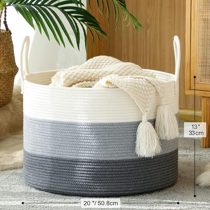 KAKAMAY Large Blanket Basket (20"x13"),Woven Baskets for storage Baby Laundry Hamper,Cotton Rope Blanket Basket for Living Room, Laundry, Nursery, Pillows, Baby Toy chest with Handles (White/Grey) | Extra Large Capacity | Natural Cotton Rope | Blanket ...