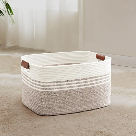 45L Small Woven Laundry Basket Hamper with Leather Handles,Brown | collapsible wicker hamper, storage for dirty clothes, toys, blankets, gifts, living room, bedroom, bathroom, 18"x14"x11"