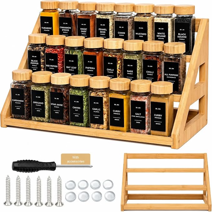 Bamboo Tier Spice Rack Organizer: 17.5 Inch Wide Kitchen Cabinet Countertop Spice Jar Organizer for Home Organization