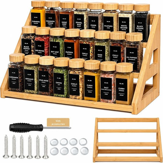 Bamboo Tier Spice Rack Organizer: 17.5 Inch Wide Kitchen Cabinet Countertop Spice Jar Organizer for Home Organization