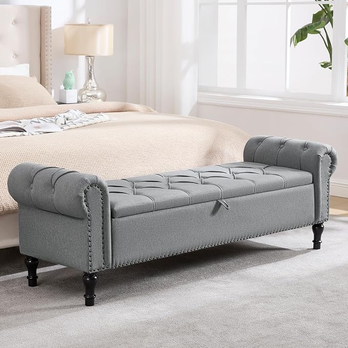 67 Inch Storage Bench for Bedroom, Linen End of Bed Bench, King Size Bench with Rolled Arms, Upholstered Tufted Button Storage Ottoman Benches, Living Room, Entryway, Oyster Grey