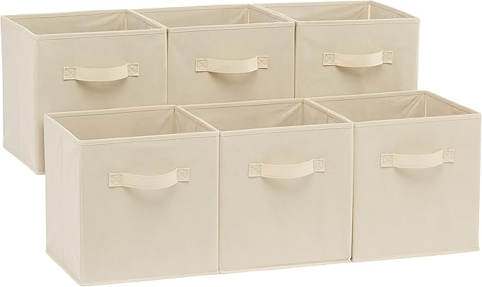 Amazon Basics Collapsible Fabric Storage Cubes Organizer with Handles, Sturdy Storage Bins for Organization, 10.5" x 10.5" x 11", Beige, 6-Pack