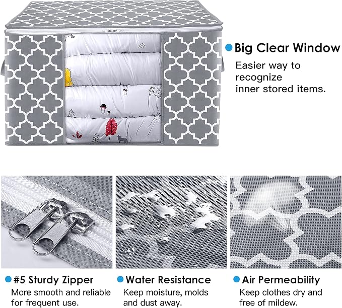 WISELIFE Storage Bags 100L 3-Pack Large Blanket Clothes Organization and Storage Containers for Bedding, Comforters, Foldable Organizer with Reinforced Handle, Clear Window, Sturdy Zippers, Light Grey