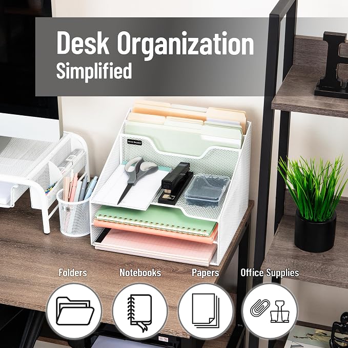 Mind Reader Metal Mesh Desktop File Organizer, 3-Tier Paper Tray with 5 Compartments, Office Mail Sorter, White