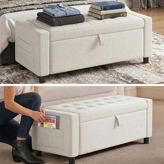 Marsail Upholstered Bench Rectangle Ottoman with Storage Bench for Bedroom End of Bed, Tufted Ottoman with Cushion, Modern Benches for Foot of Bed, Living Room, Entryway, Cream