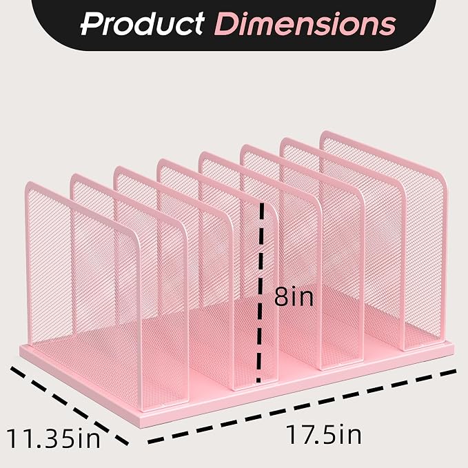 Kuntine.B 7-Section Upright Desk File Organizer Pink 2 Pack | Vertical, Mesh, Metal, Assembly, Stability, Sturdiness, Organization, Standing