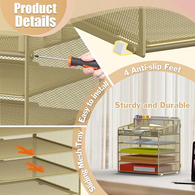 Docnest 5 Tier Mesh Desk Organizer with Letter Tray & Paper Sorter, Gold | Features 3 built-in pen holders & 5 adjustable compartments on top. Includes 4 non-slip rubber feet for desk protection