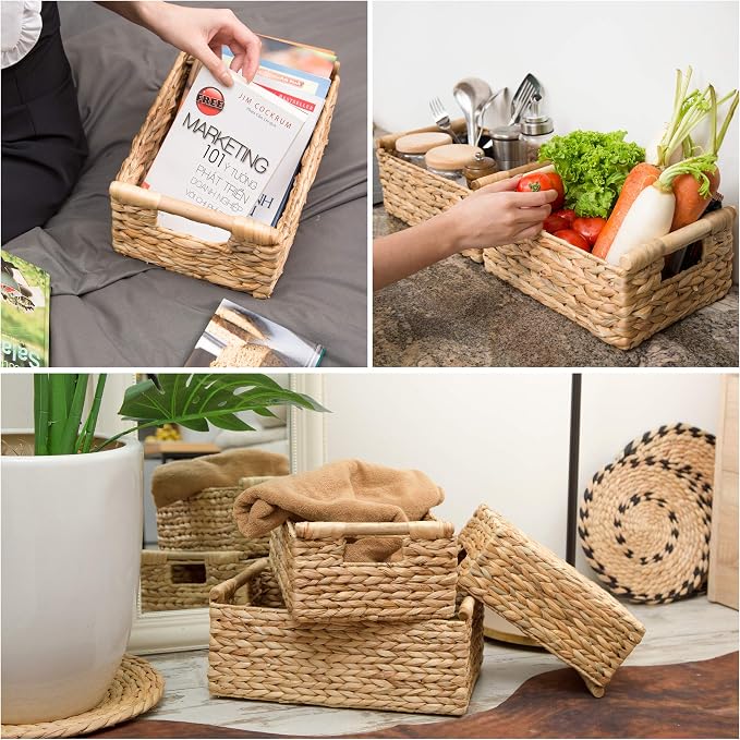 VATIMA Hyacinth Wicker Basket Set 3 size - Rectangular, Wooden Handles, Shelf Organizer, Natural Bins