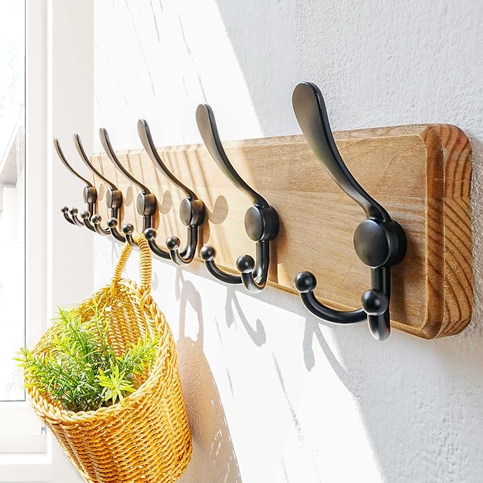 Coat Rack Wall Mounted - 24" Long 6 Tri Hooks, Heavy Duty Wooden Wall Coat Hanger Coat Hook for Clothes Hat Jacket Clothing, Weathered Brown and Black, Pack of 2