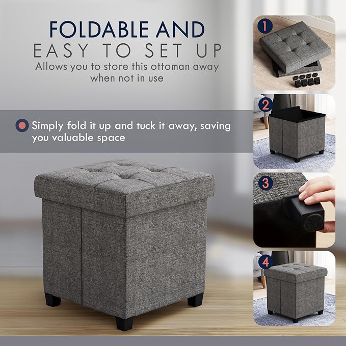 Ornavo Home Square Cube Storage Ottoman with Legs, 15x15x15, Dark Gray | Foot Rest Stool Seat; Holds Up to 600 lbs; Ideal for Living Room, Bedroom, Home Office or Dorm