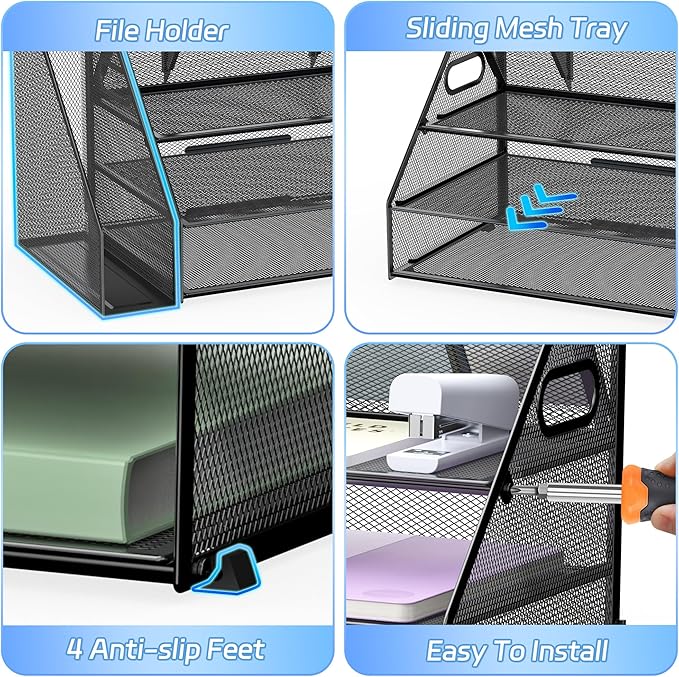 Docnest 3 Tier Desk Organizer with File Holder & Pen Holder, Black | Features 3 built-in pen holders with removable dividers. Space-saving mesh storage for office mail, files & stationery