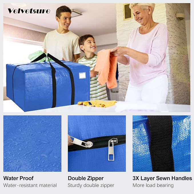 VELVETSURE Heavy Duty Extra Large Moving Bags W/Backpack Straps - Strong Handles & Zippers, Storage Totes For Space Saving, Fold Flat, Alternative to Box and Bin (Set of 6, Multicolor)