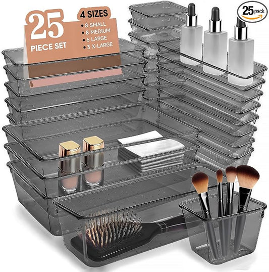 Kitchen Desk Drawer Organizers Storage for Office, Small Acrylic Vanity Trays Makeup Organizer for Drawer Bathroom Plastic Make up Organizers 25 Pcs Clear Black