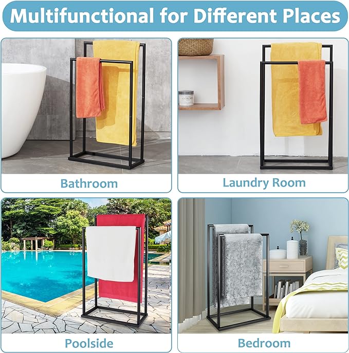 Free Standing Towel Rack, 2 Tier Towel Racks for Bathroom, Modern Outdoor Towel Drying Rack for Poolside, Black, DECLUTTR