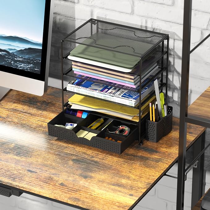 Simple Houseware 5-Tier Desk File Organizer w/Drawer & Pen Holder, Black | Desktop Tray Organizer for A4 Paper, Mail and Documents