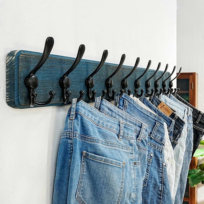 Coat Rack Wall - Heavy-Duty 38-1/4" Long, with Reinforced 10 Custom Tri-Hooks, Solid Wood Wall Hanger for Coats Hat Jackets - Rustic Farmhouse Entryway Hallway Storage, Weathered Blue & Black