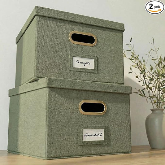 Decorative File Organizer Box Set of 2 - Collapsible Linen Filing Cabinets with Handles Are Perfect to Store All Your Documents & Hanging File Folders - Portable Easy Slide Office Crates with Lid
