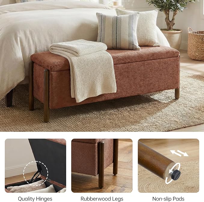 Usaint Wooden Storage Ottoman Bench, 47" Fabric Upholstered End of Storage Bench with Rubberwood Legs, Entryway Bench with Storage for Bedroom, Living Room, Reception, Cloakroom, Rusty Red