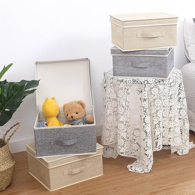 Storage Bins with Lid, Foldable Clothing Storage Box case with Handle for Closet, Bedroom, Home, Gray+Apricot, 13L x 12.5W x 7H inch