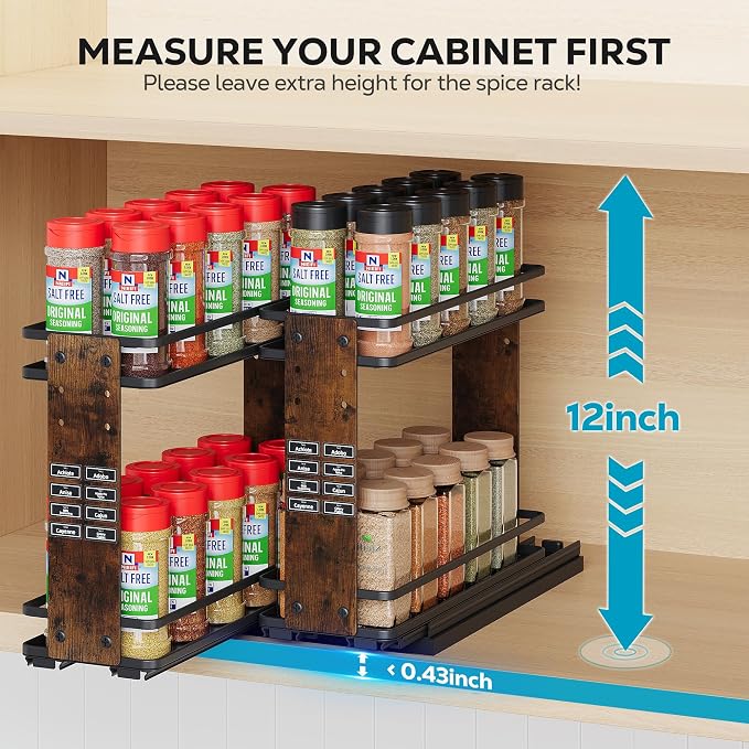 Nieifi Pull Out Spice Rack Organizer, 2 Tiers, Wood Grain | Spice Organization for Cabinet, Height Adjustable, Easy to Install